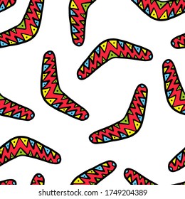 Bright colorful cartoon boomerangs. Cute seamless pattern. Hand drawn vector graphic illustration. Texture.