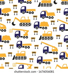 Bright colorful cartoon construction equipment and road signs isolated on white background. Childish cute seamless pattern. Vector graphic hand illustration. Texture.