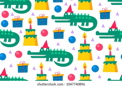 Bright and colorful cartoon pattern showcasing cheerful crocodiles, birthday cakes, presents, and festive decorations. Perfect for children's events, invitations, or joyful celebrations.
