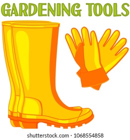 Bright colorful cartoon protective clothing set. Yellow rubber boots and gloves Garden tool vector illustration gift card certificate sticker, badge, sign, logo, label, icon, poster, patch, banner 