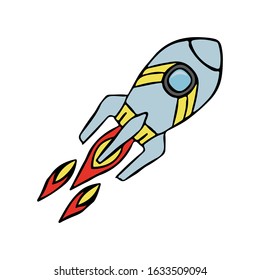 Bright colorful cartoon rocket. Vector hand drawing. Isolated object on a white background. Isolate.