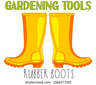 Bright colorful cartoon rubber boots. Garden tool vector illustration gift card certificate sticker, badge, sign, stamp, logo, label, icon, poster, patch, banner invitation