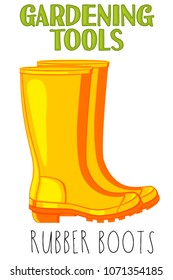 Bright colorful cartoon rubber boots side view. Garden tool vector illustration gift card certificate sticker, badge, sign, stamp, logo, label, icon, poster, patch, banner invitation