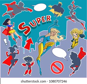 Bright and colorful cartoon set of funny and awesome superheroes stickers in cool costumes flying above the city 
ready to help and rescue