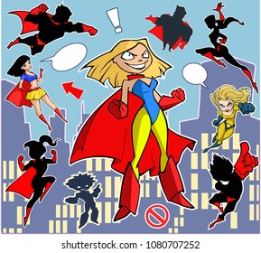 Bright and colorful cartoon set of funny and awesome superheroes stickers in cool costumes flying above the city 
ready to help and rescue