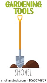 Bright colorful cartoon shovel. Garden tool vector illustration gift card certificate sticker, badge, sign, stamp, logo label, icon, poster, patch, banner invitation