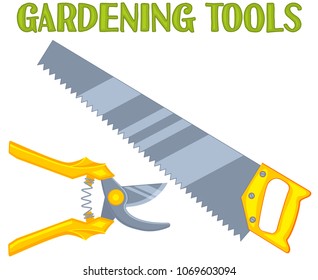 Bright colorful cartoon tree trimming set. Secateur and saw. Garden tool vector illustration gift card certificate sticker, badge, label, icon, poster, patch, banner invitation