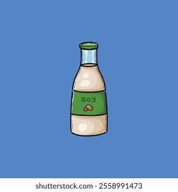 Bright and colorful cartoon-style illustration of a soy milk bottle, featuring a vivid blue background and detailed green labeling, perfect for depicting health, nutrition.