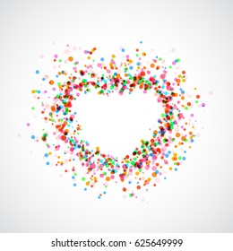 Bright colorful catching heart shape background - holi dust. Festive decorative fun frame. Vector illustration
