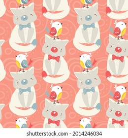 Bright and Colorful Cats, Birds and Doodles. Cute Cartoon Vector Pattern for invitation, print, postcard, fabric, wrapping paper, wallpaper.