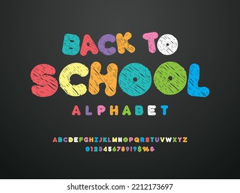 Bright colorful chalk board style alphabet design with uppercase, numbers and symbols