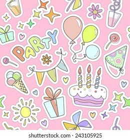 Bright colorful cheerful cute seamless pattern on the theme of children's parties. Balloons, cake with candles, ice cream, sweets, gifts, flowers, hearts, sparkles, glasses on a pink background.