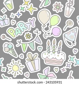 Bright colorful cheerful cute seamless pattern on the theme of children's parties. Balloons, cake with candles, ice cream, sweets, gifts, flowers, hearts, sparkles, glasses on a gray background.