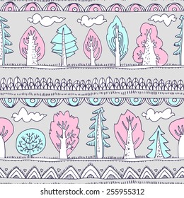 Bright colorful cheerful pattern of abstract elements and cute cartoon trees. Contrasting bright colors. Can be used for curtains, wallpaper, web page, surface textures, children's clothes