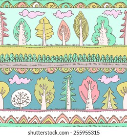 Bright colorful cheerful pattern of abstract elements and cute cartoon trees. Contrasting bright colors. Can be used for curtains, wallpaper, web page, surface textures, children's clothes