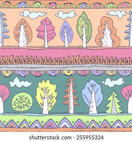 Bright colorful cheerful pattern of abstract elements and cute cartoon trees. Contrasting bright colors. Can be used for curtains, wallpaper, web page, surface textures, children's clothes