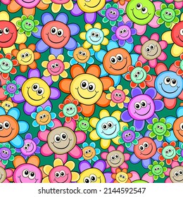 A bright, colorful and cheerful seamless pattern made up of daisy flowers with happy smiling faces.
