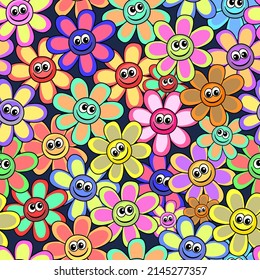 A bright, colorful and cheerful seamless pattern made up of daisy flowers with happy smiling faces.
