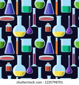 Bright and colorful chemical glassware seamless pattern on dark blue background. Science for kids. Flat design vector illustration.