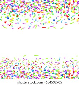 Bright colorful childish confetti pattern background. Fiesta happiness fun element layout. Festive Falling Shiny Isolated pieces on white. Holiday Decorative Tinsel Element Design. Vector illustration