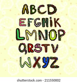 Bright, colorful, children's alphabet on a light background of doodles