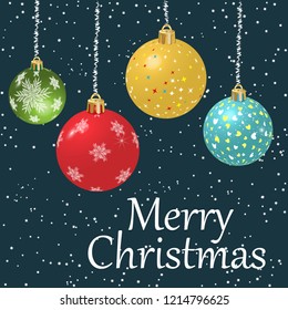Bright colorful Christmas balls. Merry Christmas background with snow. Vector illustration