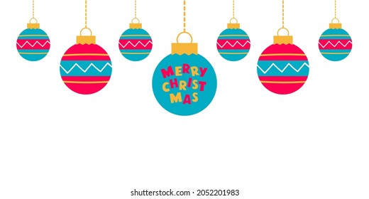 Bright colorful  Christmas banner with round hanging christmas balls  isolated on white background. Merry Christmas background. Modern vector illustration