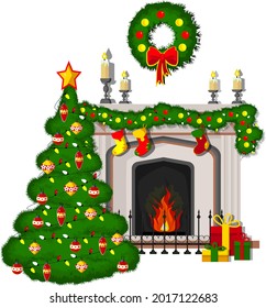A bright, colorful Christmas card. A classic fireplace with a Christmas tree with socks, a Christmas wreath, candles, gifts and garlands. Celebrating the New Year and Christmas.