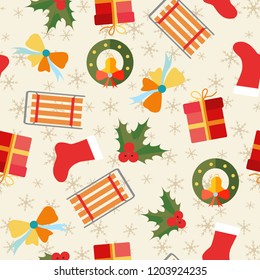 Bright colorful christmas seamless pattern with winter holiday symbols flat vector illustration