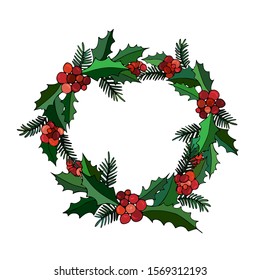 Bright and colorful Christmas wreath on white isolated background. Red berries, fir branches, leaves.