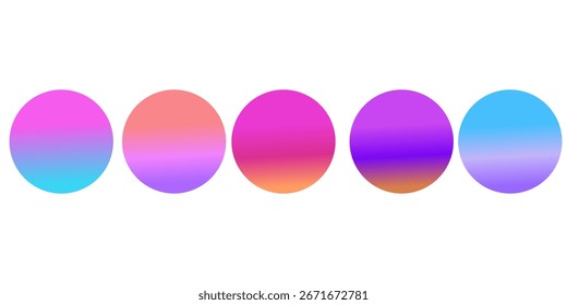 Conjunto de degradado de círculo colorido brillante. Colección de fondo de gradación de desenfoque redondo. Paquete de forma borrosa radial iridiscente para póster, Anuncio, folleto, folleto. Vector neón desvaneciéndose 