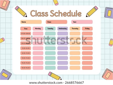 Bright and colorful class schedule template featuring a weekly timetable from Monday to Friday with time slots, surrounded by pencils, books, and erasers. For school planners, lesson schedules
