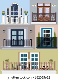 Bright colorful collection of different types balconies and loggias. Modern, vintage and classic style with building facade elements, flowers and lanterns. Flat style vector illustration. 