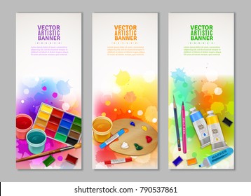 Bright colorful collection of vertical artistic banners with watercolor gouache and pastel paints brush marker and pencil vector illustration