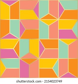 Bright, colorful color block seamless vector pattern. Geometric mosaic style shapes with gold foil accents. Bold, modern abstract design. Repeat background wallpaper surface art print. 