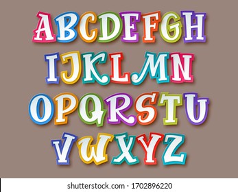 Bright and colorful comic children's paper-cut alphabet with 3d effect isolated on white background. Trendy font for festive decorative design. Easy recolor vector illustration