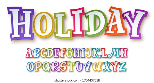 Bright and colorful comic children's paper-cut alphabet with 3d effect isolated on white background. Trendy font for festive decorative design. Vector illustration