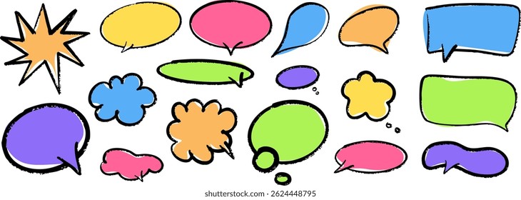 Brillantes burbujas de discurso cómico de colores con contornos audaces. Perfecto para diseños de arte pop, ilustraciones para niños y proyectos gráficos creativos sobre fondo transparente. Vector EPS 10