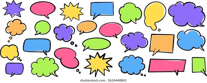 Bright colorful comic speech bubbles set with bold outlines. Perfect for pop art designs, kids illustrations, and creative graphic projects on transparent background. Vector EPS 10