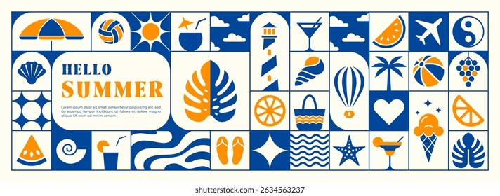 Bright colorful concept of summer vacation background layout, story template, card, poster, banner, cover. Vector illustration in minimalistic style.