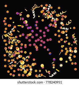 Bright colorful Confetti, background, cute and fun decoration. Vector illustration for celebration, party, festive, holiday. Black background. Design for cards, invitations