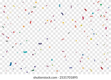 Bright Colorful Confetti Falling On Transparent Background. Celebration And Happy Birthday. Party Wallpaper. Vector Illustration