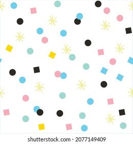 Confeti colorido y luminoso que se puede repetir sin costura vectorial fondo gráfico, cuadrado circular estrella, papel tapiz, huella de moda, patrón textil, scrapbooking, invitación, tarjeta de navidad, decoración, envoltura