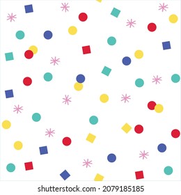 Bright colorful confetti repeatable seamless pattern vector graphic background, star circle square, wallpaper, fashion print, textile pattern, scrapbooking, invitation, christmas card, decor, wrapping