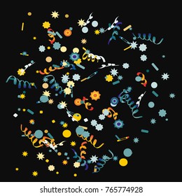 Bright colorful Confetti and serpentine, bright colorful background, fun decoration.Vector illustration for celebration, party, festive, holiday. Black background.Design for cards, invitations