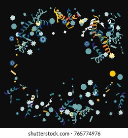 Bright colorful Confetti and serpentine, bright colorful background, fun decoration.Vector illustration for celebration, party, festive, holiday. Black background.Design for cards, invitations