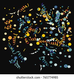Bright colorful Confetti and serpentine, bright colorful background, fun decoration.Vector illustration for celebration, party, festive, holiday. Black background.Design for cards, invitations