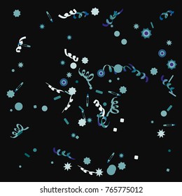 Bright colorful Confetti and serpentine, bright colorful background, fun decoration.Vector illustration for celebration, party, festive, holiday. Black background.Design for cards, invitations