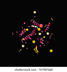 Bright colorful Confetti and serpentine, bright colorful background, cute and fun decoration.Vector illustration for celebration, party, holiday. Black background.Design for cards, invitations