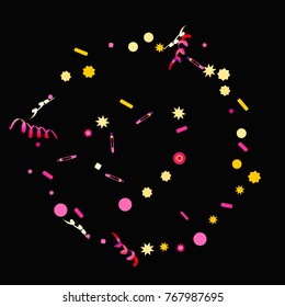 Bright colorful Confetti and serpentine, bright colorful background, cute and fun decoration.Vector illustration for celebration, party, holiday. Black background.Design for cards, invitations